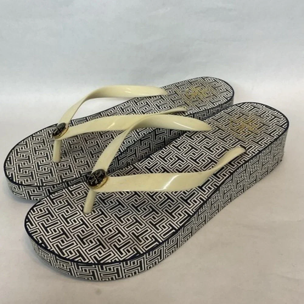 Tory Burch Ivory Navy Blue Logo Thong Wedge Platform Sandal Women 8 China Rubber